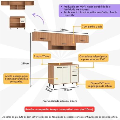 Armário De Cozinha Compacta Modulada 4 Peças Com Balcão Havana Multimóveis CR20327 Rovere/champanhe