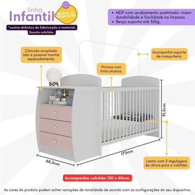 Berço Cômoda Com Colchão Incluso Colinho De Mãe Multimóveis Branco Rosa