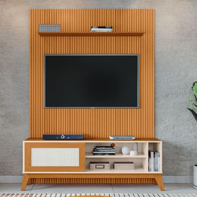 Rack Bancada Caribe Com Painel Para Tv Até 55 Polegadas Egeo Cedro/off White Ripado Impressão 3d Edn Cedro