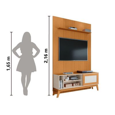Rack Bancada Caribe Com Painel Para Tv Até 55 Polegadas Egeo Cedro/off White Ripado Impressão 3d Edn Cedro