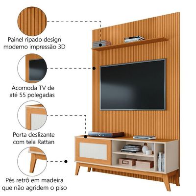 Rack Bancada Caribe Com Painel Para Tv Até 55 Polegadas Egeo Cedro/off White Ripado Impressão 3d Edn Cedro