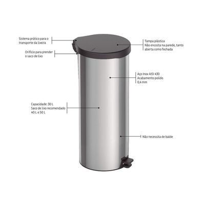 Lixeira Inox Pedal New Tramontina Com Acabamento Polido 30 L