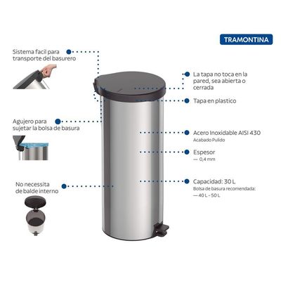 Lixeira Inox Pedal New Tramontina Com Acabamento Polido 30 L