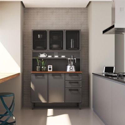 Cozinha Compacta De Aço 6 Portas 3 Vidros 2 Gavetas Bertolini Grafite