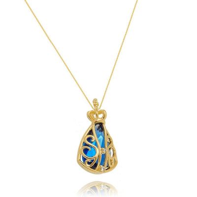 Colar Nossa Senhora Aparecida Pedra Azul Zirconia Banhado Em Ouro 18k