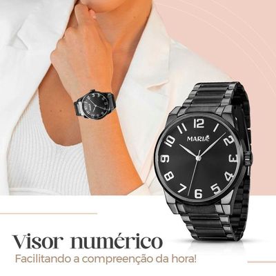 Relogio Feminino Preto Aço Inox + Caixa + Brincos + Colar Original Presente Qualidade Premium Social