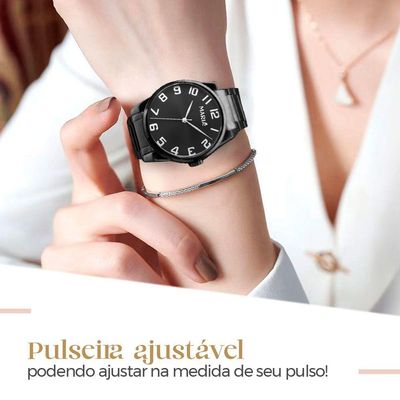 Relogio Feminino Preto Aço Inox + Caixa + Brincos + Colar Original Presente Qualidade Premium Social