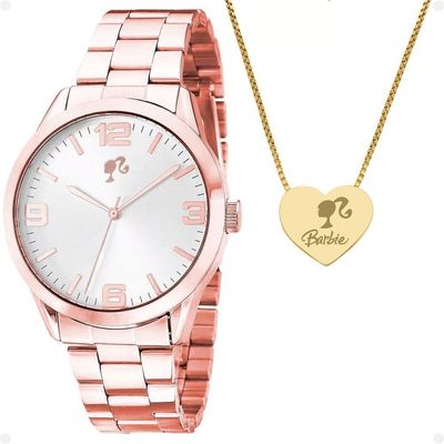 Relogio Feminino Aço Rose + Colar Barbie Coração + Caixa Rose Original Social Edição Limitada Moda