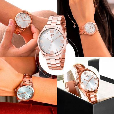 Relogio Feminino Aço Rose + Colar Barbie Coração + Caixa Rose Original Social Edição Limitada Moda