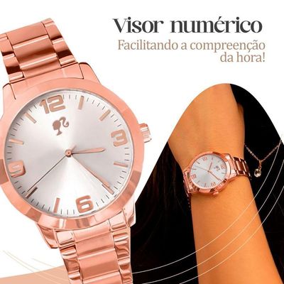 Relogio Feminino Aço Rose + Colar Barbie Coração + Caixa Rose Original Social Edição Limitada Moda