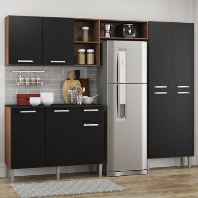 Cozinha Compacta Com Armário E Balcão Pequim Up Multimóveis V2999 Carvalho Avelã/Preta