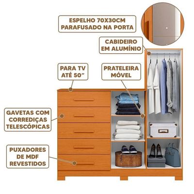 Cômoda 5 Gavetas Para Tv Até 50 Polegadas Espelho Cinamomo Nexus Shop Jm