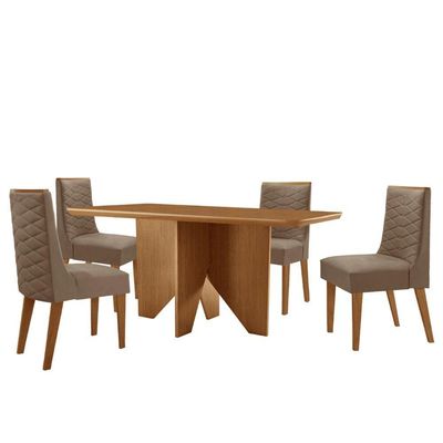 Mesa Evora 120 Mdf Canto Copo E Com 4 Cadeiras Safira Veludo Capuccino-naturalle-naturalle