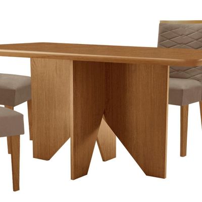 Mesa Evora 120 Mdf Canto Copo E Com 4 Cadeiras Safira Veludo Capuccino-naturalle-naturalle