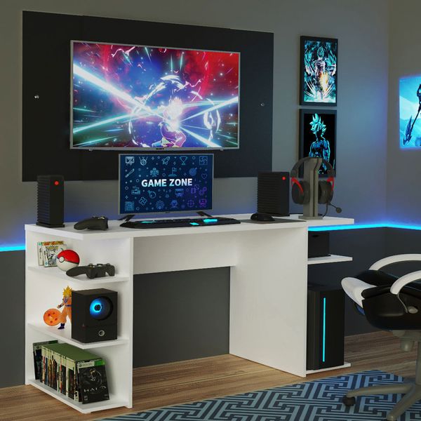Mesa para Computador Gamer Madesa 9409 e Painel para TV até 58 Polegadas Branco/Preto Cor:Branco/Preto
