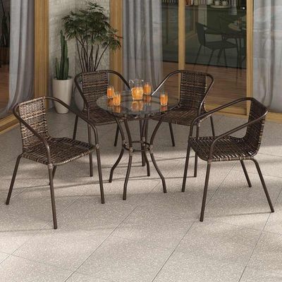 Conjunto Jardim Mesa Vidro 60cm 4Cadeiras Junco Cr8008 Café