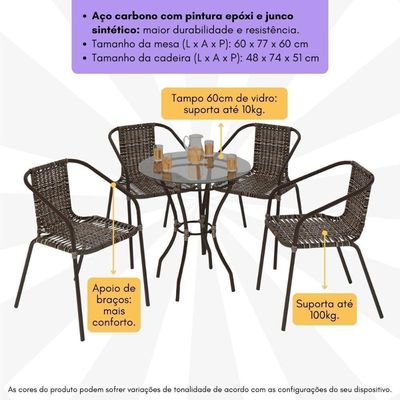 Conjunto Jardim Mesa Vidro 60cm 4Cadeiras Junco Cr8008 Café