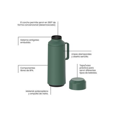 Garrafa Térmica Tramontina Exata Em Polipropileno Verde Com Ampola De Vidro E Tampa Rosqueável 1 L