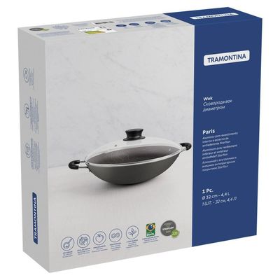 Wok Tramontina Paris com Revestimento Interno E Externo Em Antiaderente Starflon Max Chumbo Tampa