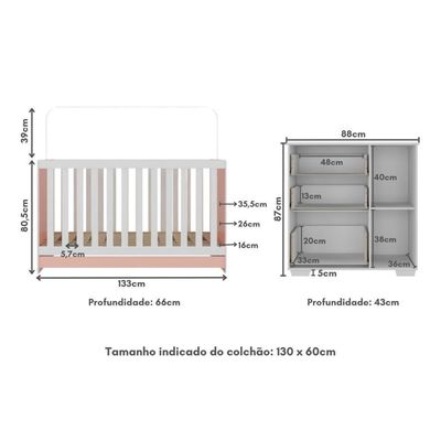 Quarto Infantil Com Berço 3 Em 1 E Cômoda Algodão Doce Multimóveis Mp4249 Branco/rosa