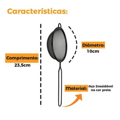 Peneira De Cozinha Fina Coador Inox Black 10 Cm - Mimo