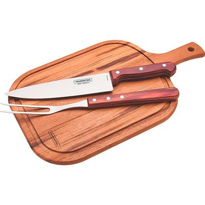 Kit Para Churrasco Tramontina Em Aço Inox E Cabo Vermelho Polywood Com Tabua De Madeira 3 Peças