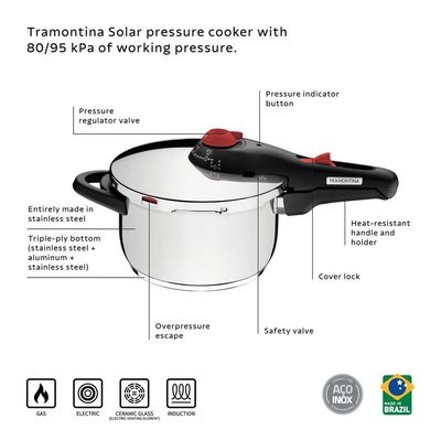 Panela De Pressão Tramontina Solar Em Aço Inox Fundo Triplo Com 5 Dispositivos De Segurança 22Cm 6 L