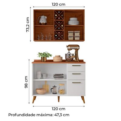 Armário De Cozinha Compacta 4 Portas 3 Gavetas Vidro Reflecta Com Adega 1,20m Favorita Branco/nature