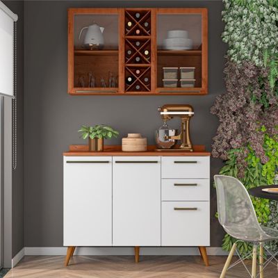 Armário De Cozinha Compacta 4 Portas 3 Gavetas Vidro Reflecta Com Adega 1,20m Favorita Branco/nature