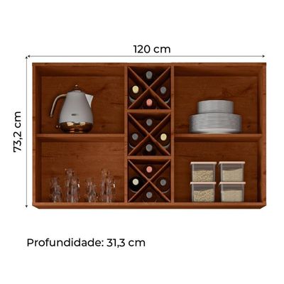 Armário De Cozinha Aéreo Triplo 1,20m Com Vidro Reflecta E Adega Favorita Nature Nature