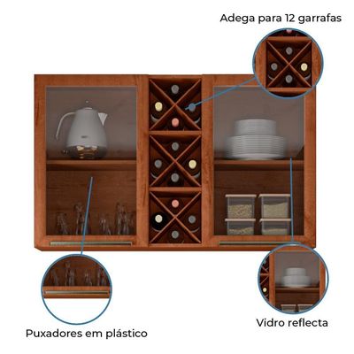 Armário De Cozinha Aéreo Triplo 1,20m Com Vidro Reflecta E Adega Favorita Nature Nature