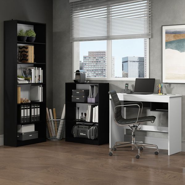 Escrivaninha Madesa Rubi + Estante 6908 + Estante 6907 Preto/Branco Cor:Preto/Branco