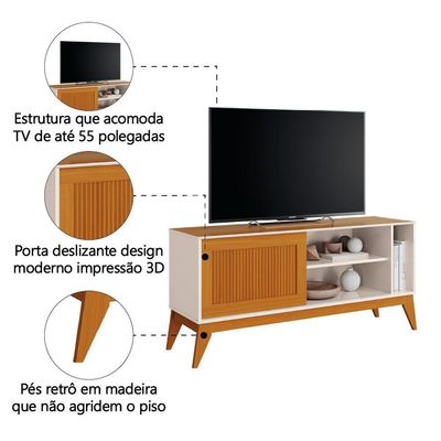 Rack Bancada Para Tv Até 55 Polegadas 1,36m Ripado Impressão 3d 1 Porta Off White/cedro Aruba Edn Off W/natu