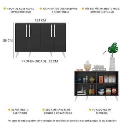 Aparador Buffet 4 Portas Retrô Viena V3606 Preto/Branco Preto/Branco
