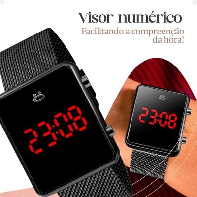 Relogio Feminino Preto Digital + Colar + Brincos + Caixa Casual Quadrado Pulseira Ajustável Presente