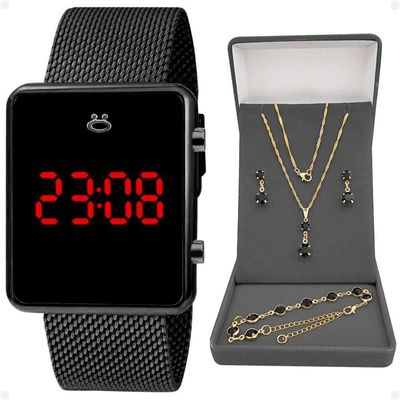 Relogio Feminino Preto Digital + Colar + Brincos + Caixa Casual Quadrado Pulseira Ajustável Presente