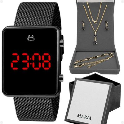Relogio Feminino Preto Digital + Colar + Brincos + Caixa Casual Quadrado Pulseira Ajustável Presente