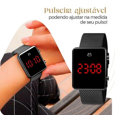 Relogio Feminino Preto Digital + Colar + Brincos + Caixa Casual Quadrado Pulseira Ajustável Presente