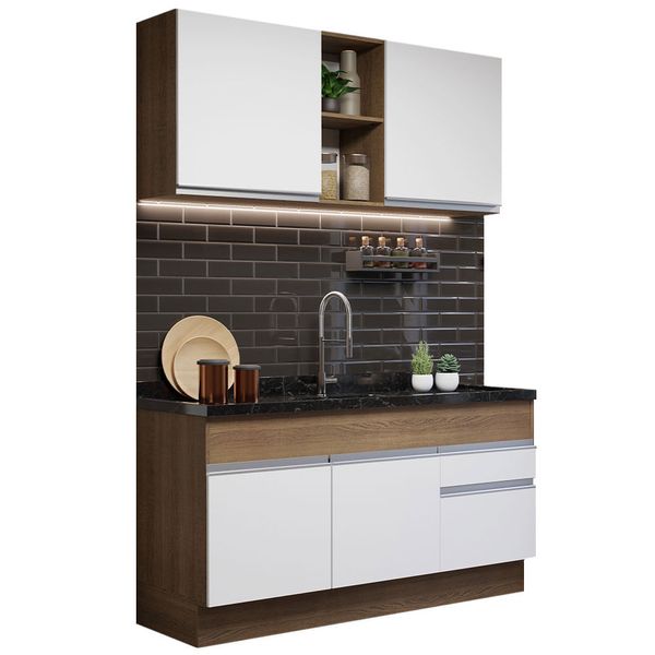Cozinha Compacta Madesa Glamy 150002 com Armário e Balcão (Sem Tampo e Pia) Rustic/Branco Cor:Rustic/Branco