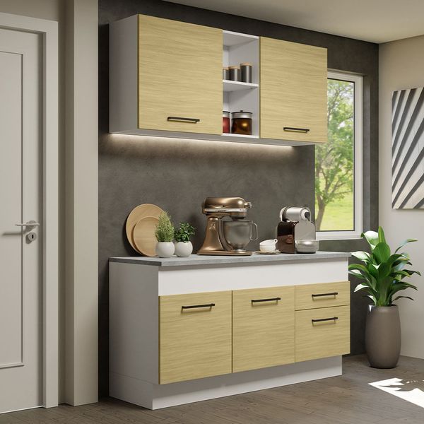 Cozinha Compacta Madesa Agata 150001 com Armário e Balcão (Com Tampo) Branco/Carvalho Cor:Branco Carvalho