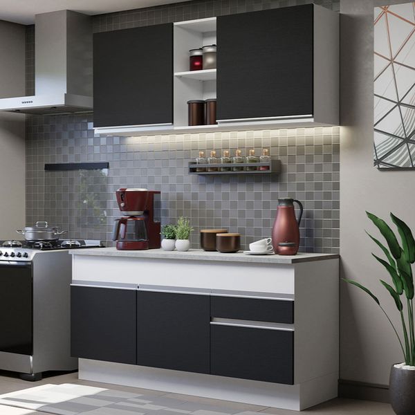 Cozinha Compacta Madesa Glamy 150001 com Armário e Balcão (Com Tampo) Branco/Preto Cor:Branco/Preto