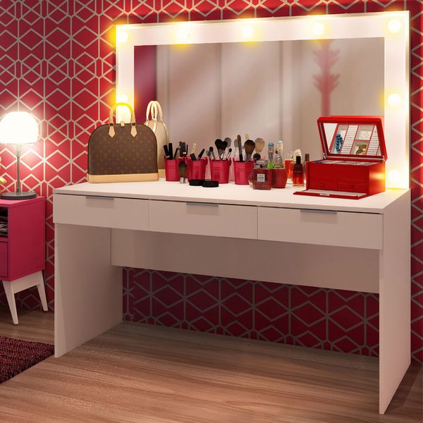 Escrivaninha Penteadeira Camarim Madesa Carly com Espelho 3 Gavetas - Branco Cor:Branco Escrivaninha Penteadeira Camarim Madesa Carly com Espelho 3 Gavetas - Branco Cor:Branco