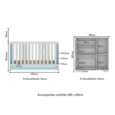 Quarto Infantil Com Berço Colchão Incluso E Cômoda Algodão Doce Multimóveis Mp4250 Branco/azul
