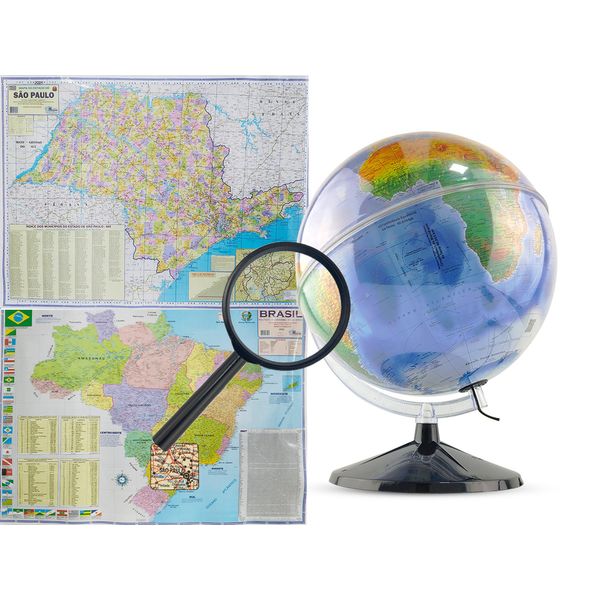 Kit Globo Terrestre Profissional Mondo 30cm + Lupa +  Mapa do Brasil + Mapa de SP Edição Atualizada Escolar