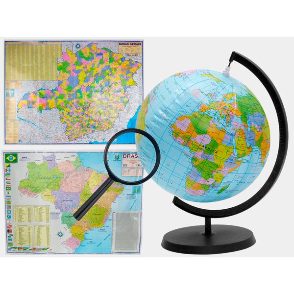 Kit Globo Terrestre Inflável 17cm  + Lupa + Mapas do Brasil e Minas Gerais 120x90cm Escolar Decorativo