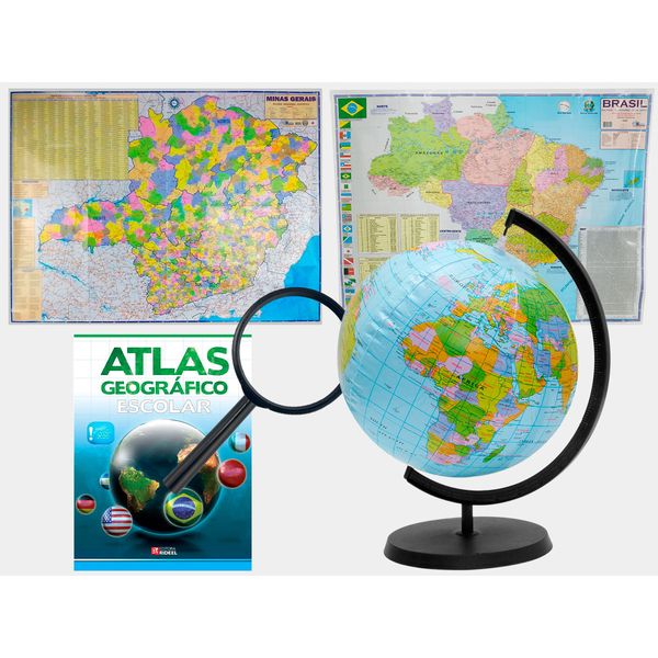 Kit Globo Terrestre Inflável 17cm + Atlas + Lupa + Mapas do Brasil e MG 120x90cm Escolar Decorativo