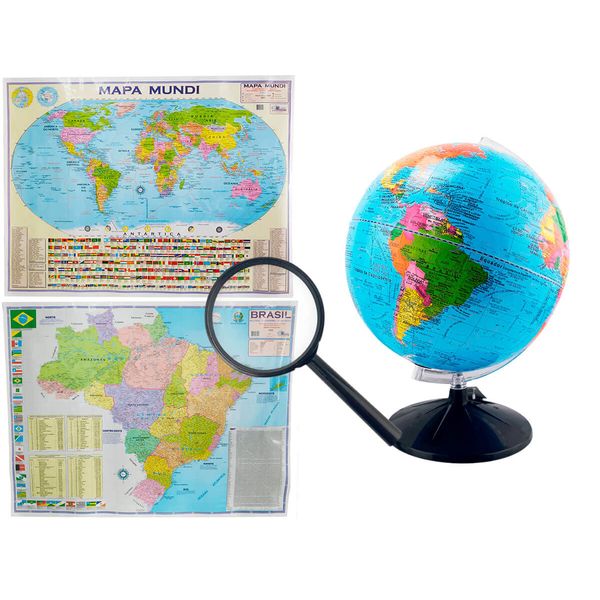 Kit Globo Terrestre Profissional Studio 30cm + Lupa +  Mapa do Brasil + Mapa Mundi Edição Atualizada Escolar Decorativo