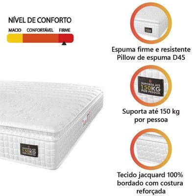 Colchão Casal Espuma D45 Lazio Pillow Top 138x188x24cm Branco Hellen - Suporta Até 150 Kg Por Pessoa Branco