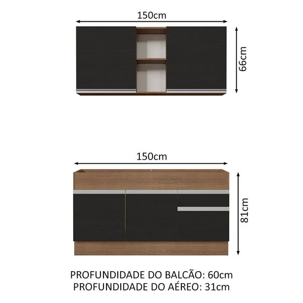 Cozinha Compacta Madesa Glamy 150002 com Armário e Balcão (Sem Tampo e Pia) Rustic/Preto Cor:Rustic/Preto