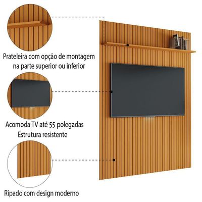 Painel Para Tv Até 55 Polegadas 1,35x2,40m Ripado Com Prateleira Arbo Cedro Edn Nature